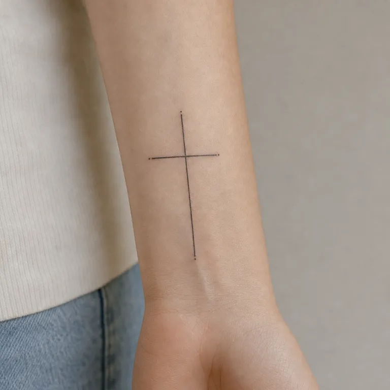 Tatouage croix fine line à l'intérieur du poignet d'une femme