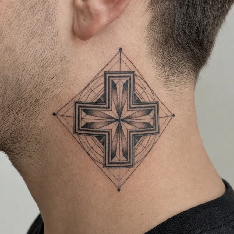Tatouage croix géométrique sur l'arrière du cou d'un homme