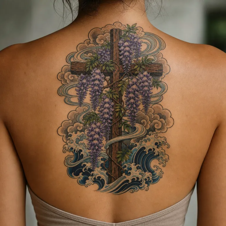 Tatouage croix de style japonais le long du haut du dos d'une femme