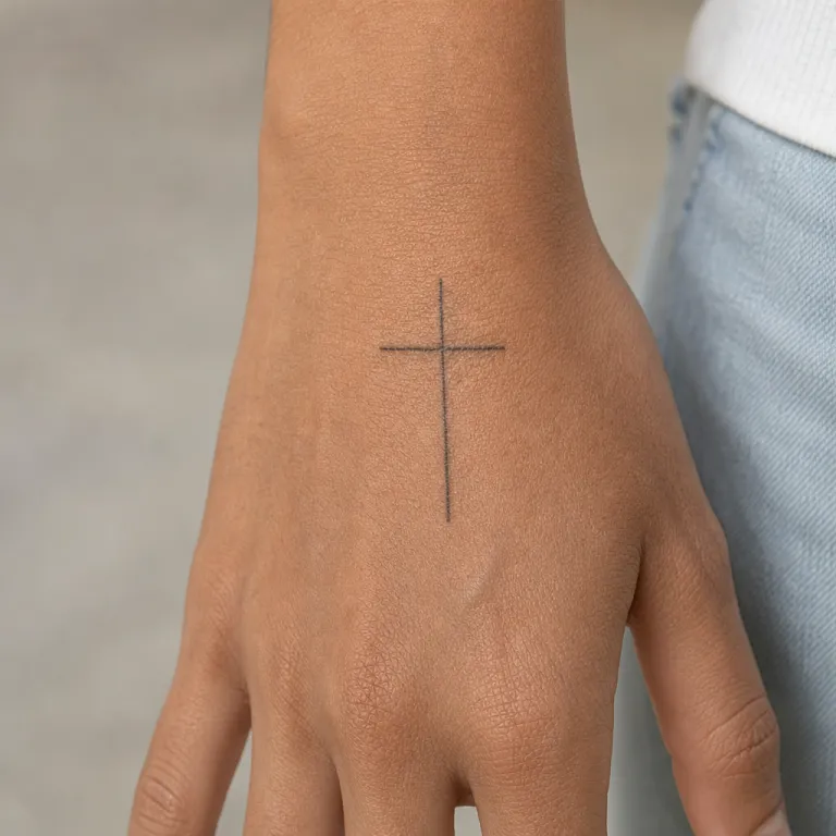 Tatouage croix minimaliste entre le pouce et l'index d'une femme