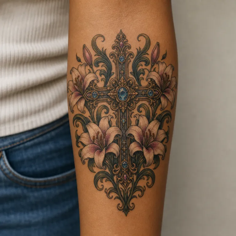 Tatouage croix néo-traditionnelle sur l'intérieur de l'avant-bras d'une femme