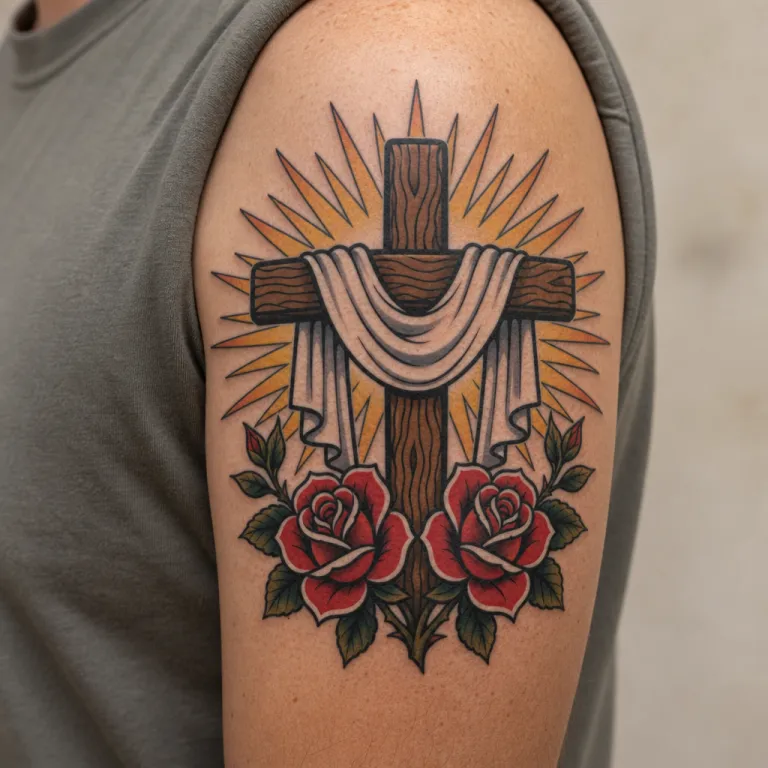 Tatouage croix old school sur le haut du bras d'un homme