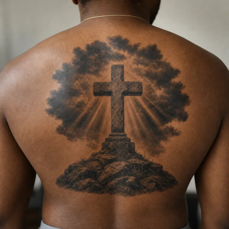 Tatouage croix de pierre réaliste en haut du dos d'un homme