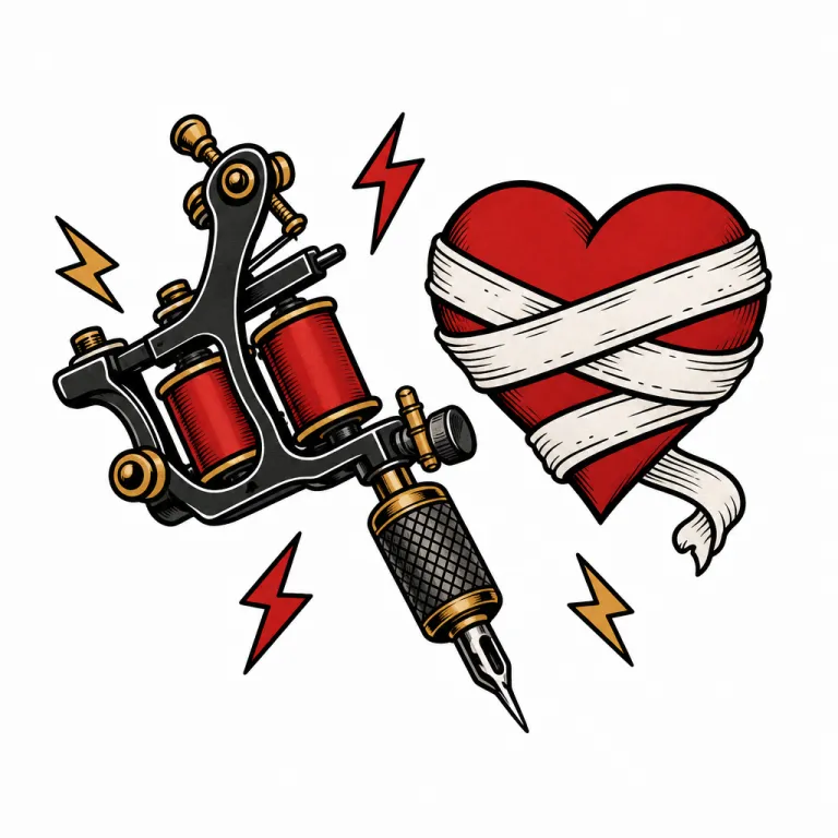 Illustration façon flash : une machine à tatouer entourée d'éclairs, à côté d'un cœur bandé