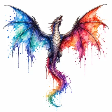 Tatouage dragon aquarelle en plein vol, ailes déployées qui se fondent en éclaboussures de couleur