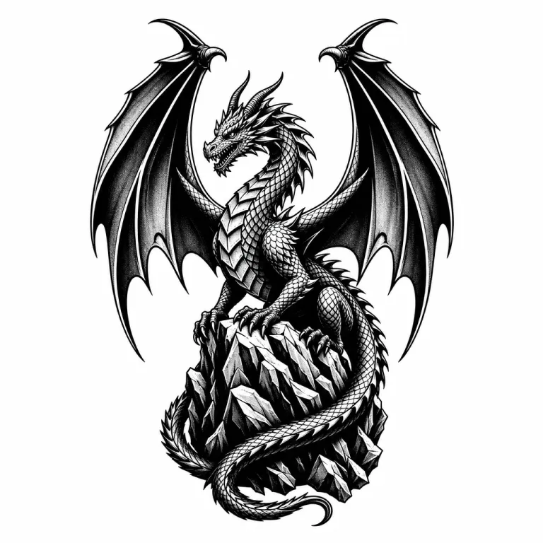 Tatouage dragon blackwork : un dragon européen perché sur un rocher, ailes levées
