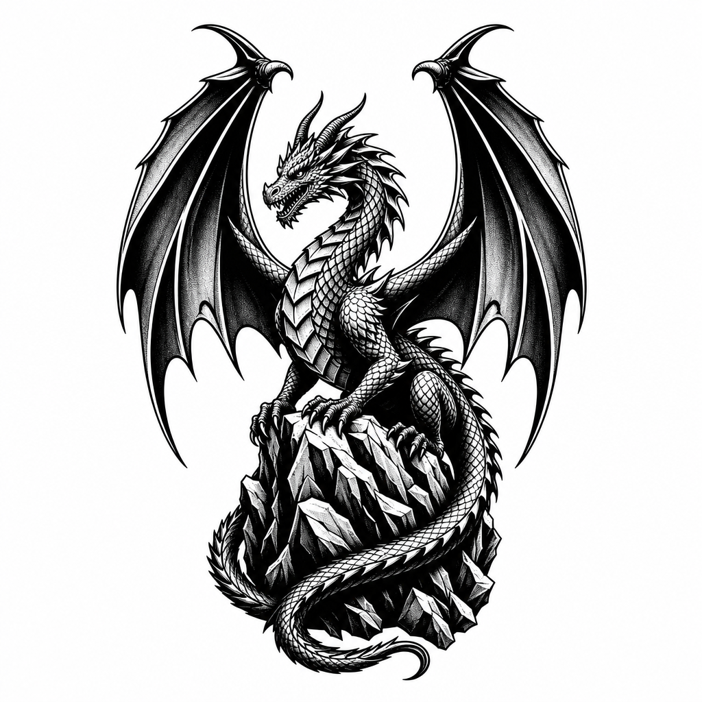 Tatouage dragon blackwork : un dragon européen perché sur un rocher, ailes levées