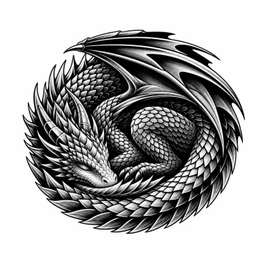 Tatouage dragon blackwork endormi, roulé en boule, ailes repliées et tête posée sur sa queue
