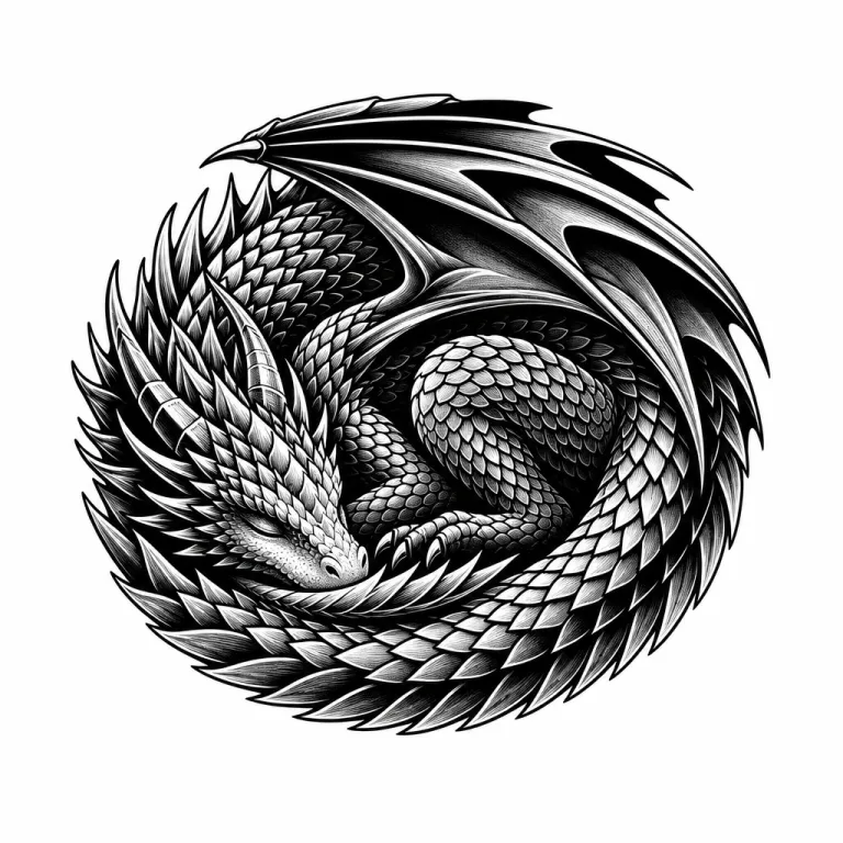 Tatouage dragon blackwork endormi, roulé en boule, ailes repliées et tête posée sur sa queue