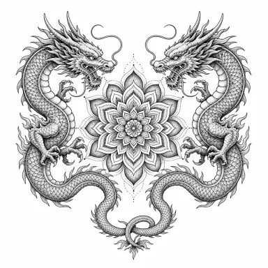 Tatouage de deux dragons dotwork face à face autour d'un mandala, queues enlacées en bas