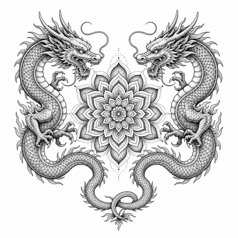 Tatouage de deux dragons dotwork face à face autour d'un mandala, queues enlacées en bas