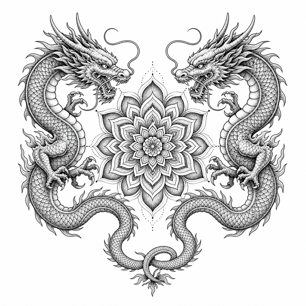 Tatouage de deux dragons dotwork face à face autour d'un mandala, queues enlacées en bas