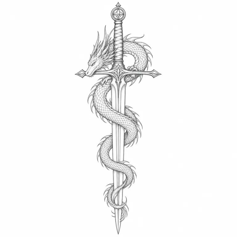 Tatouage dragon fine line enroulé autour d'une épée verticale, la tête posée sur la garde