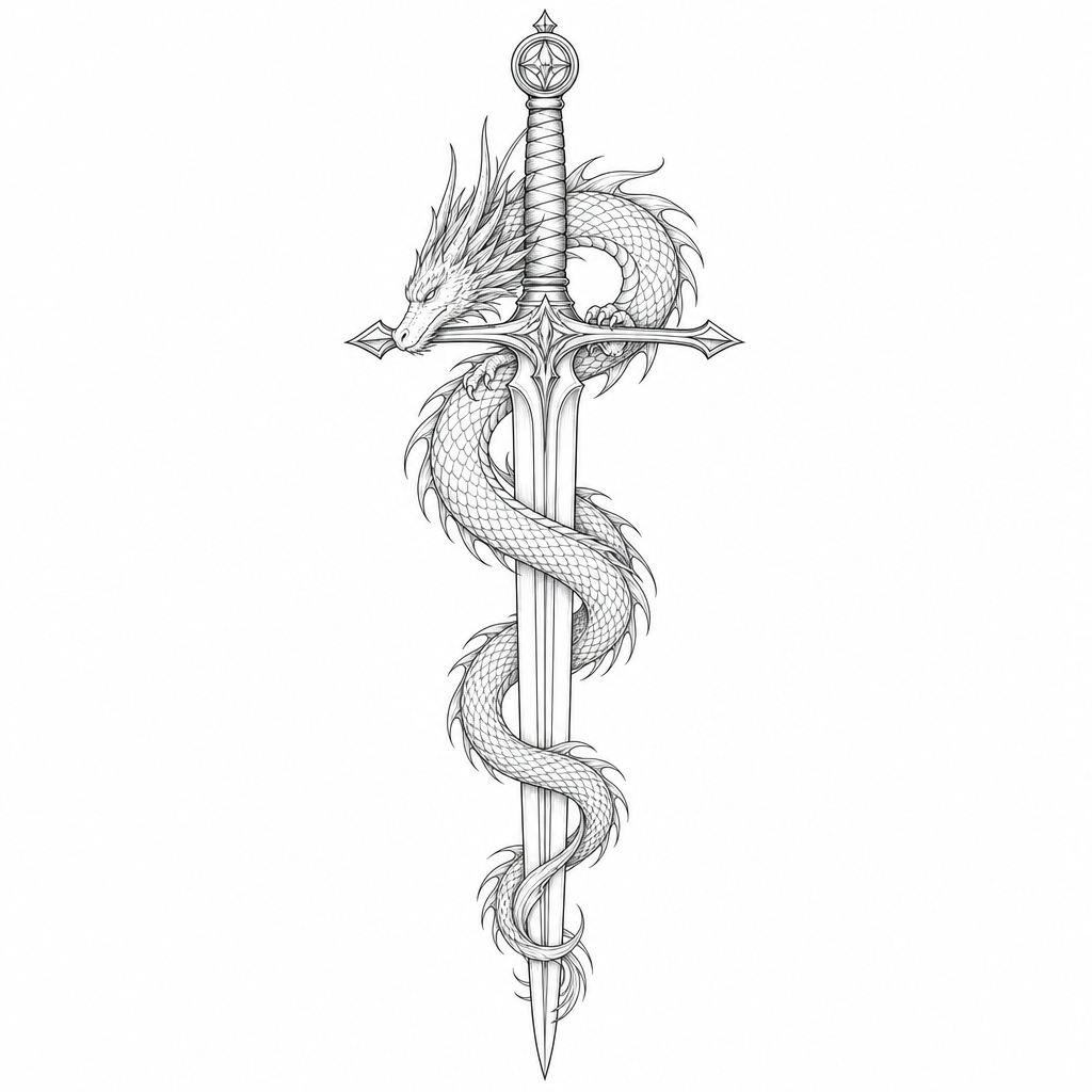 Tatouage dragon fine line enroulé autour d'une épée verticale, la tête posée sur la garde