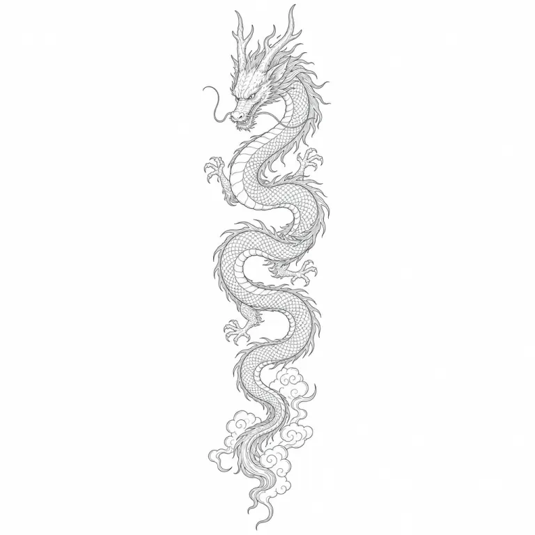 Tatouage dragon fine line : un dragon asiatique étiré à la verticale, corps en S, nuages au bout de la queue
