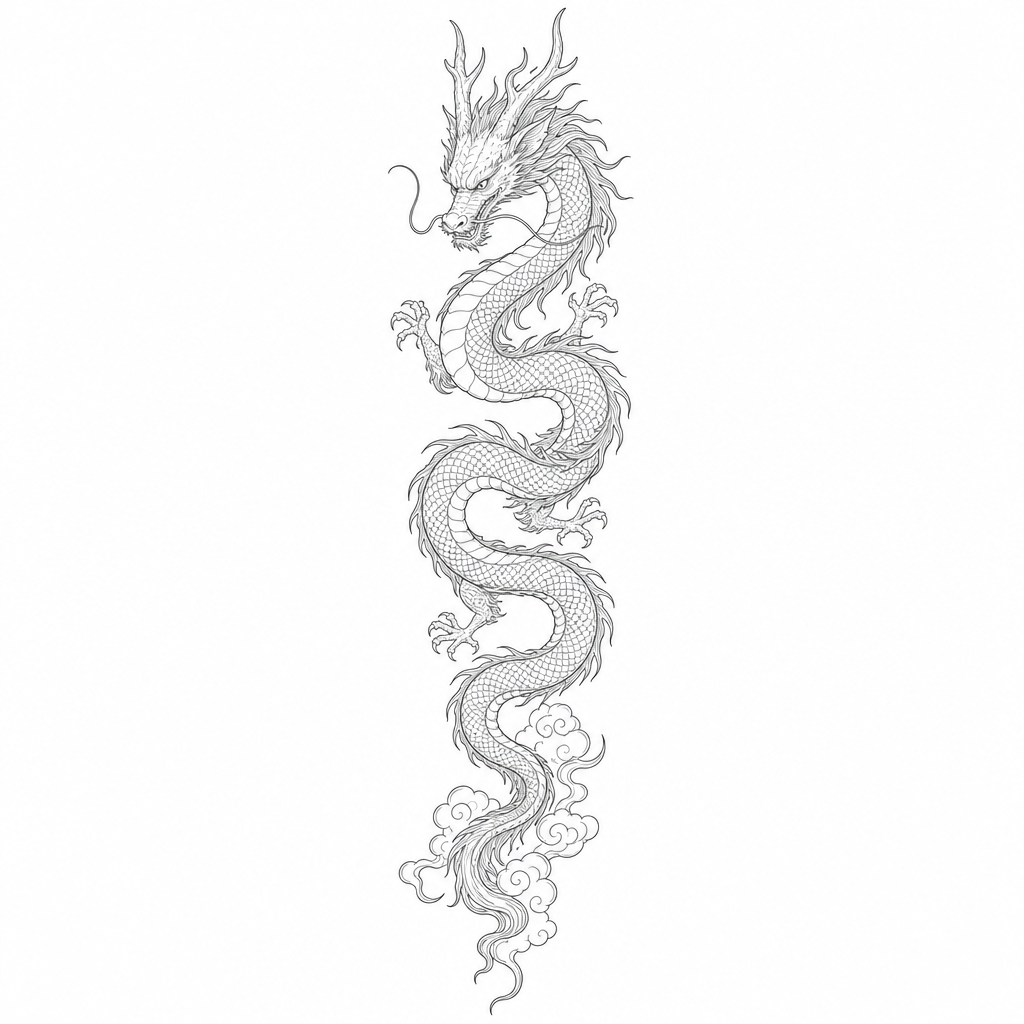 Tatouage dragon fine line : un dragon asiatique étiré à la verticale, corps en S, nuages au bout de la queue