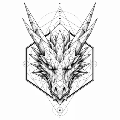 Tatouage dragon géométrique : tête en facettes triangulaires dans un hexagone, cornes qui débordent