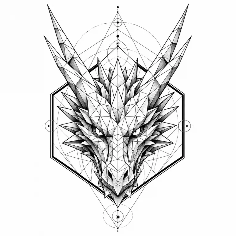 Tatouage dragon géométrique : tête en facettes triangulaires dans un hexagone, cornes qui débordent
