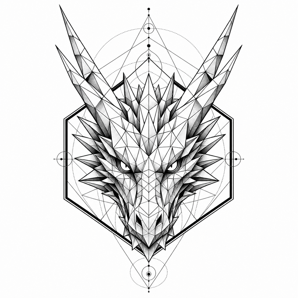 Tatouage dragon géométrique : tête en facettes triangulaires dans un hexagone, cornes qui débordent