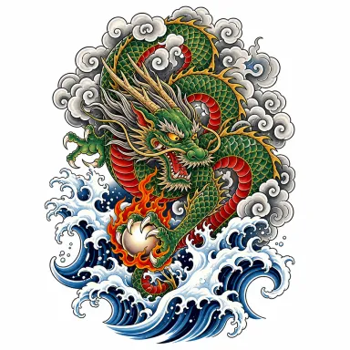 Tatouage dragon de style japonais descendant entre nuages et vagues, une perle enflammée dans la griffe