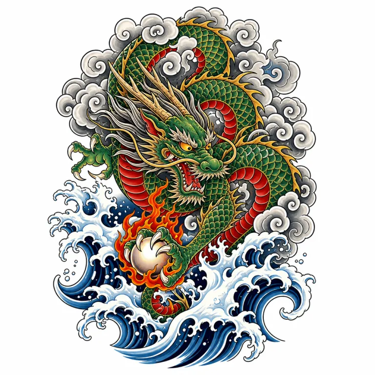 Tatouage dragon de style japonais descendant entre nuages et vagues, une perle enflammée dans la griffe