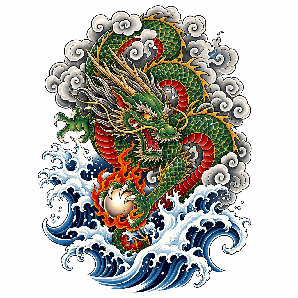 Tatouage dragon de style japonais descendant entre nuages et vagues, une perle enflammée dans la griffe