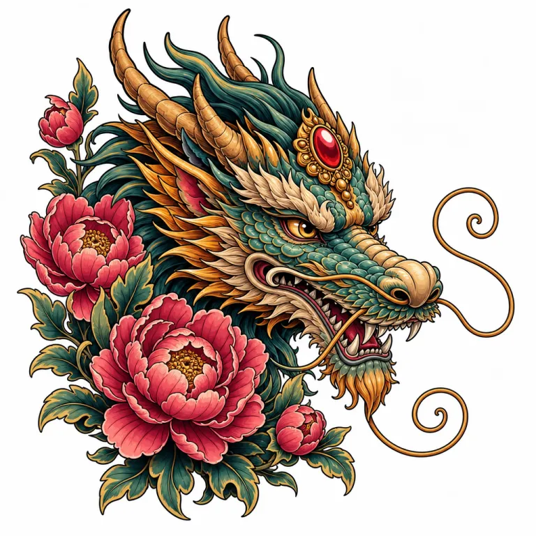 Tatouage dragon néo-traditionnel : tête de profil entre des pivoines, joyau sur le front