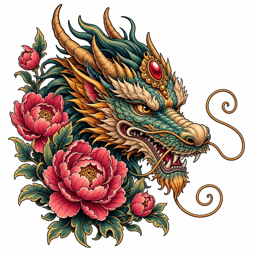 Tatouage dragon néo-traditionnel : tête de profil entre des pivoines, joyau sur le front