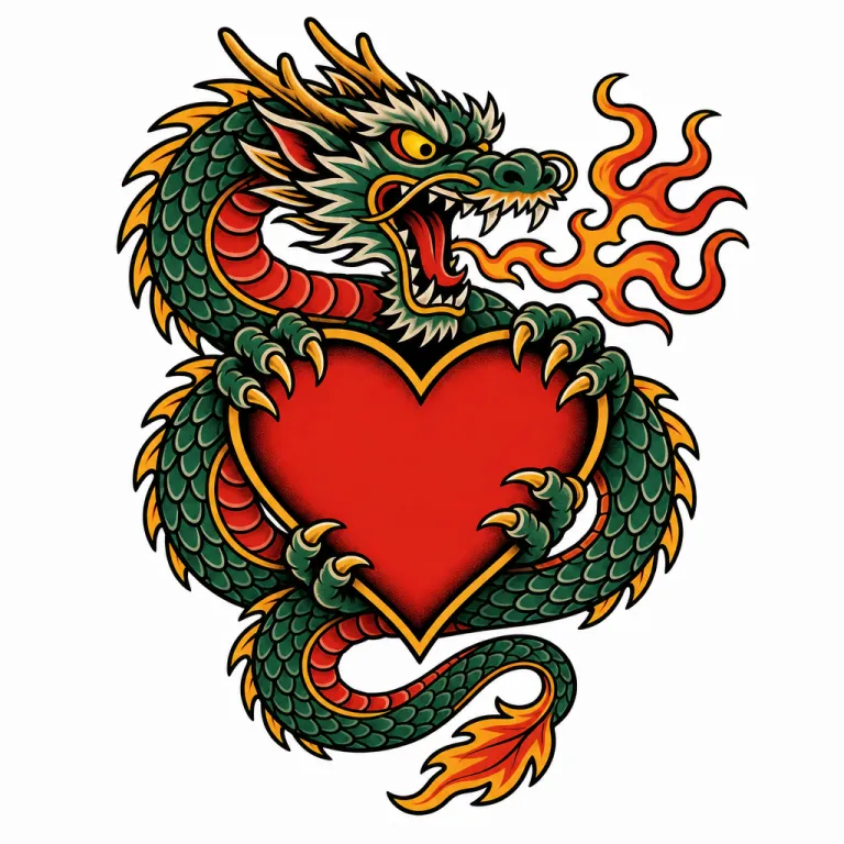 Tatouage dragon old school enroulé autour d'un cœur, gueule ouverte crachant de petites flammes