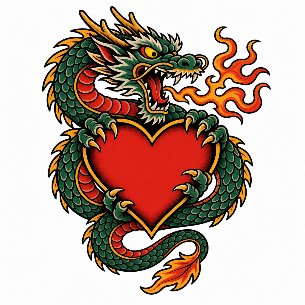 Tatouage dragon old school enroulé autour d'un cœur, gueule ouverte crachant de petites flammes
