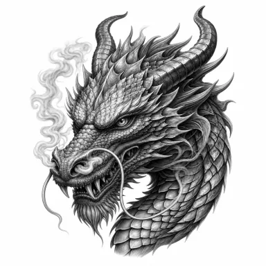Tatouage dragon réaliste en noir et gris : tête de trois quarts, écailles détaillées, fumée aux naseaux