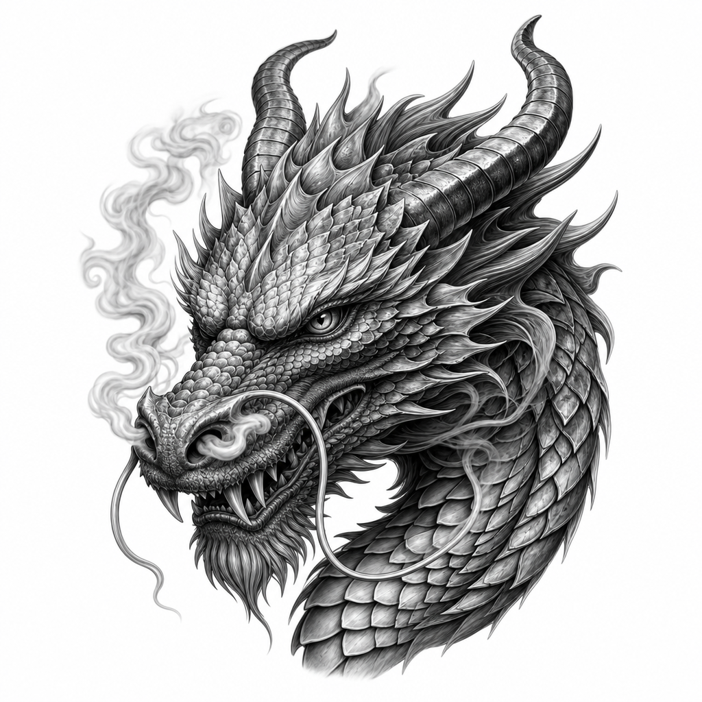 Tatouage dragon réaliste en noir et gris : tête de trois quarts, écailles détaillées, fumée aux naseaux