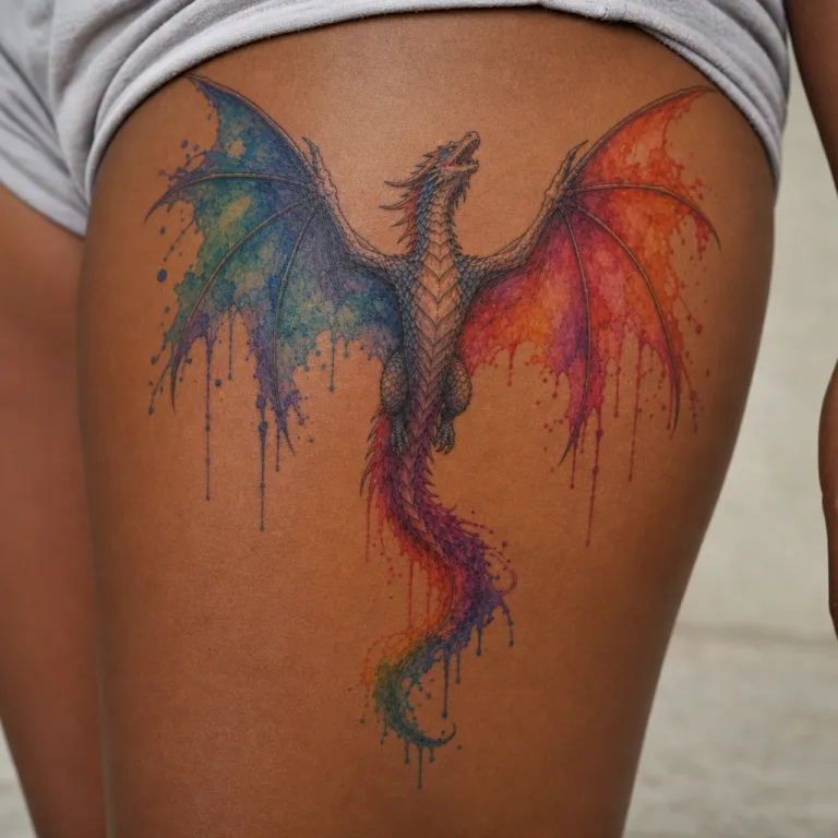 Tatouage dragon aquarelle sur la cuisse d'une femme
