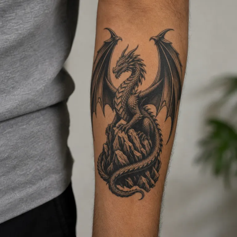 Tatouage dragon blackwork sur l'avant-bras d'un homme