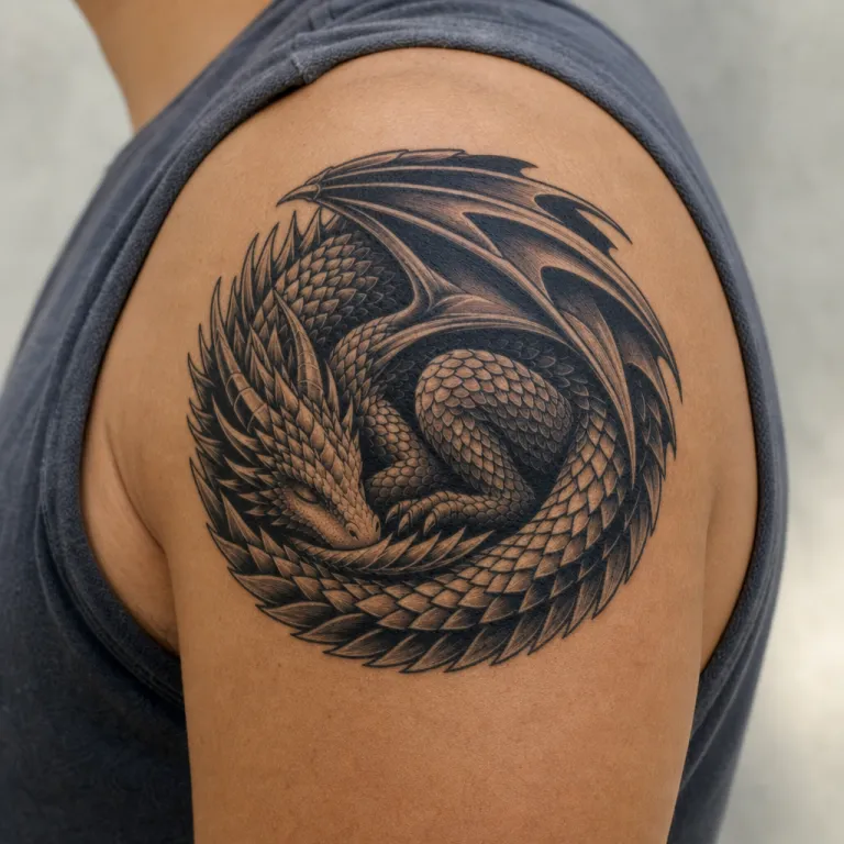 Tatouage dragon blackwork sur l'épaule d'un homme
