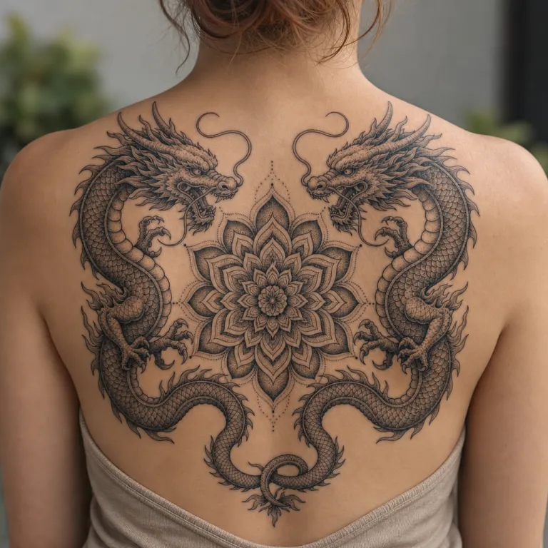 Tatouage de deux dragons dotwork en haut du dos d'une femme