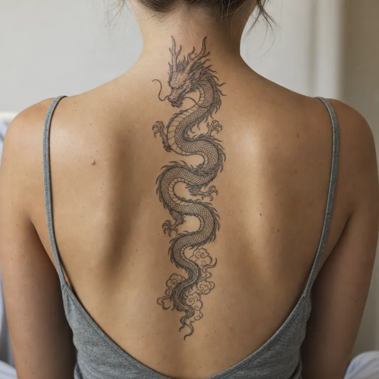Tatouage dragon fine line le long de la colonne vertébrale d'une femme