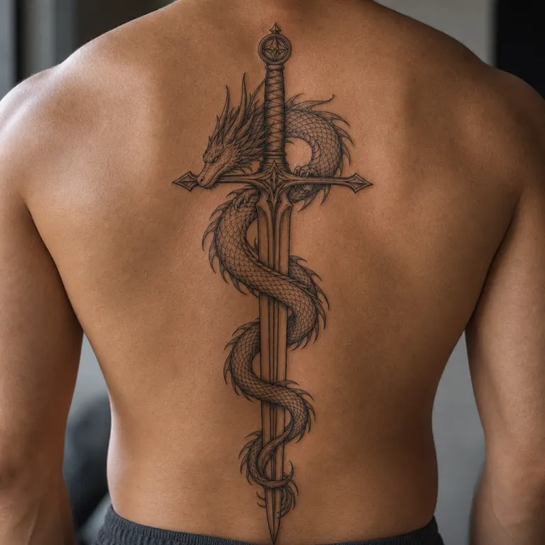 Tatouage dragon fine line le long de la colonne vertébrale d'un homme