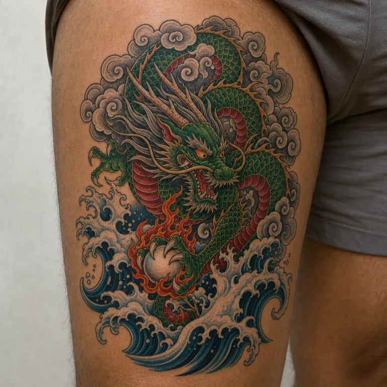 Tatouage dragon de style japonais sur la cuisse d'un homme