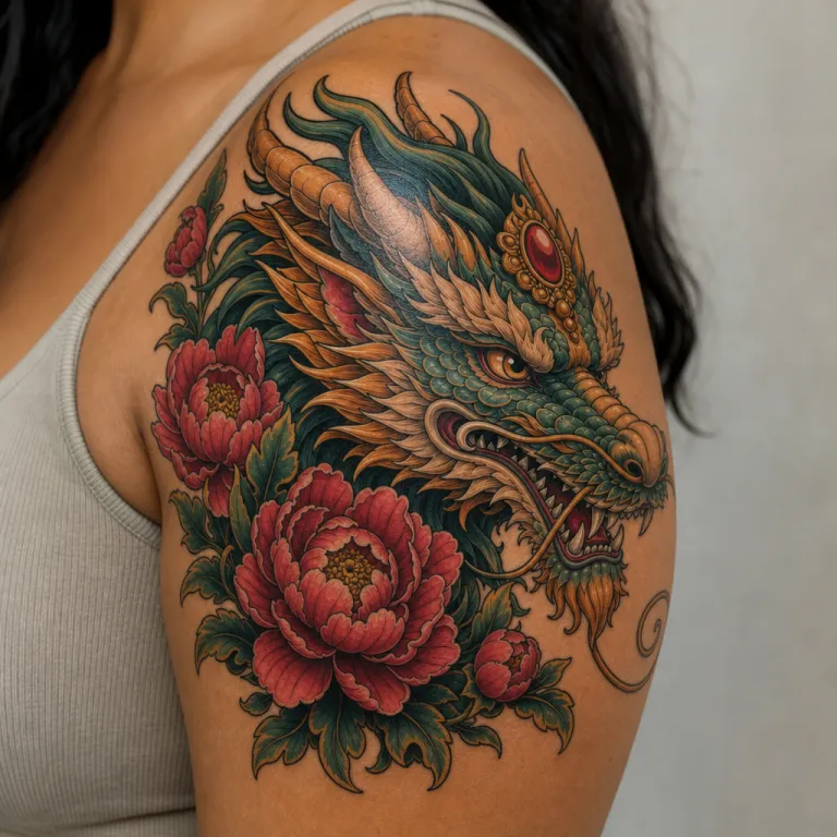 Tatouage dragon néo-traditionnel sur l'épaule d'une femme