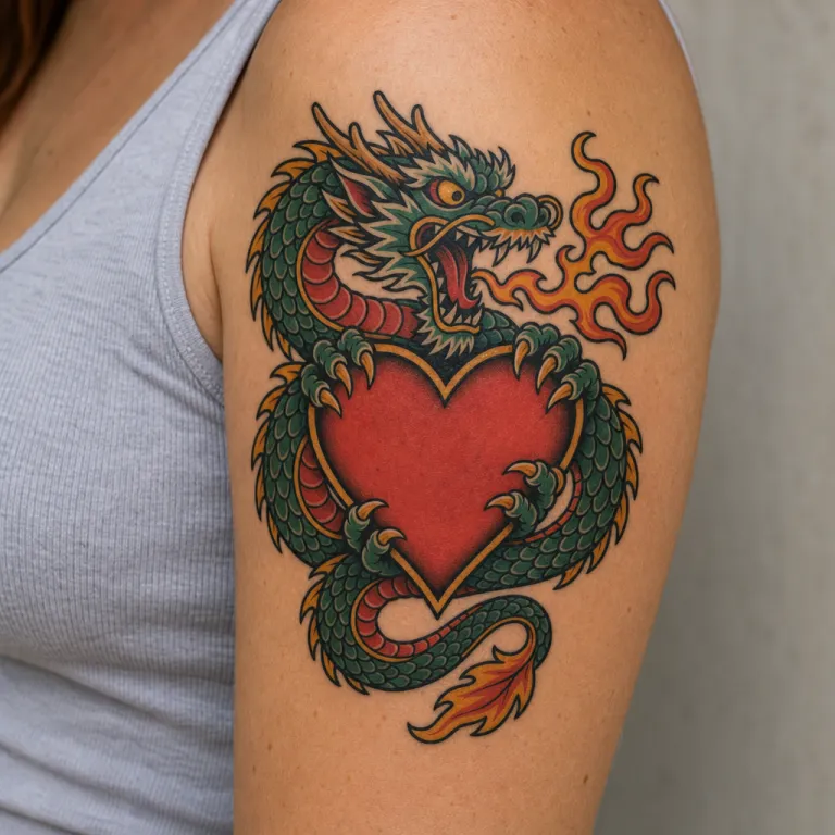 Tatouage dragon old school sur le haut du bras d'une femme