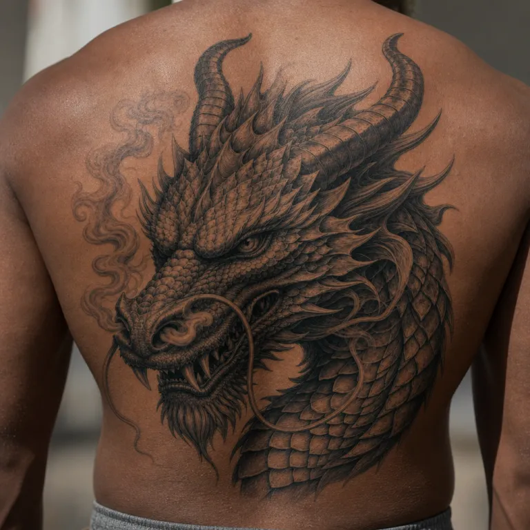 Tatouage dragon réaliste en haut du dos d'un homme