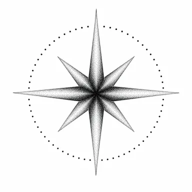 Tatouage étoile dotwork aux rayons longs et courts, ombrée du centre vers les pointes, dans un anneau de points