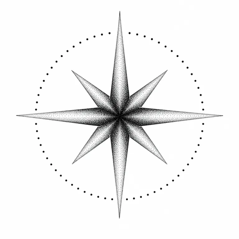 Tatouage étoile dotwork aux rayons longs et courts, ombrée du centre vers les pointes, dans un anneau de points