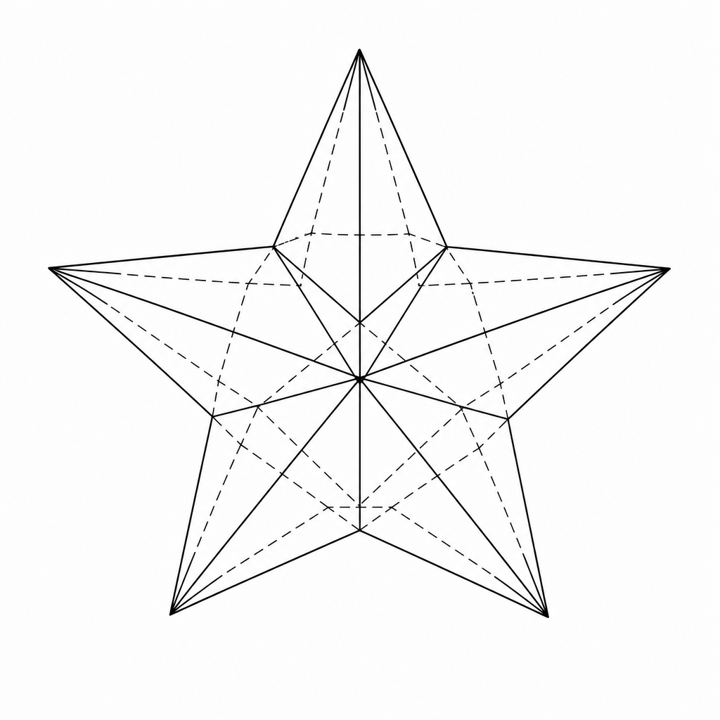 Tatouage étoile géométrique dessinée en volume, arêtes en lignes droites et arêtes cachées en tirets