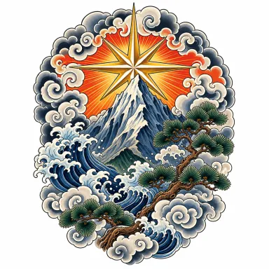Tatouage étoile de style japonais qui se lève derrière un pic montagneux, entre nuages stylisés et pins