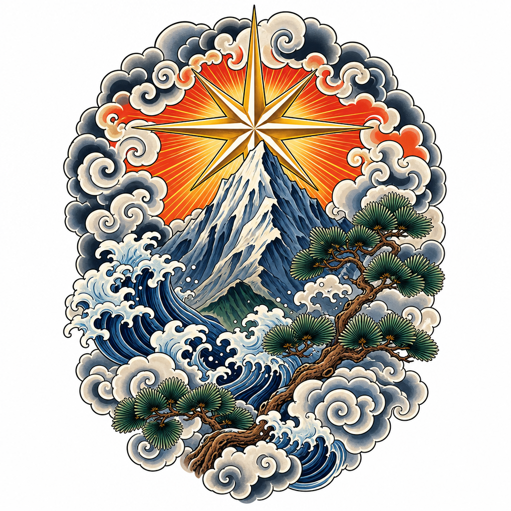 Tatouage étoile de style japonais qui se lève derrière un pic montagneux, entre nuages stylisés et pins