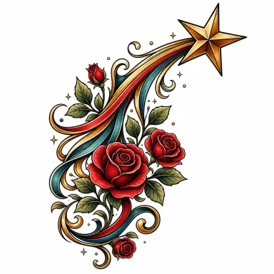 Tatouage étoile filante néo-traditionnelle dont la traîne se change en rubans, petites roses et feuilles