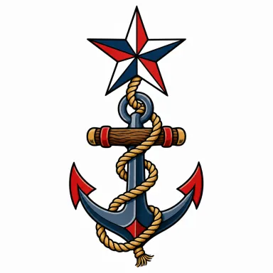 Tatouage étoile nautique old school au-dessus d'une ancre entourée d'un cordage