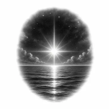 Tatouage étoile réaliste en noir et gris : un astre au halo lumineux au-dessus d'une mer calme